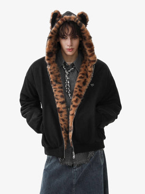 Tiger Print With Ears Hooded Fur Jacket - thumbnail 4