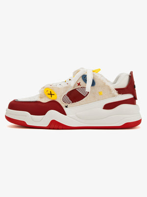 Retro Chunky Sneaker mit ausgefranstem Patchwork – Rot, Seitenansicht | XoKool