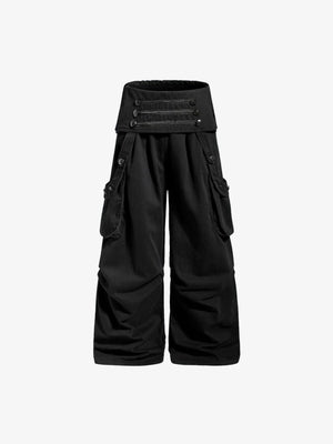 Pantalones cargo baggy negros con cintura doblada – negro, frente, vista plana | XoKool