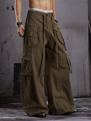 Baggy cargo pants – Olive Brown, on model front | XoKool