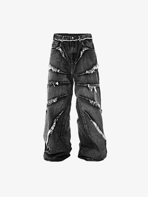 Black Baggy Jeans with Frayed Slash Details – Front flat | XoKool