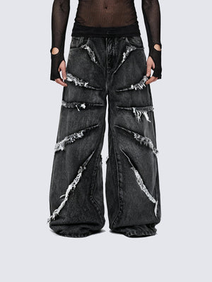 Black Baggy Jeans with Frayed Slash Details – On model front | XoKool
