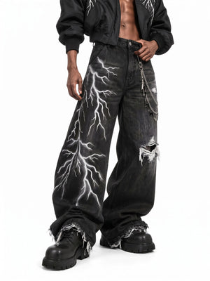 Black Baggy Jeans with Lightning Print – on model, front | XoKool