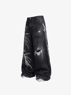 Black Baggy Jeans with Lightning Print – side flat lay | XoKool