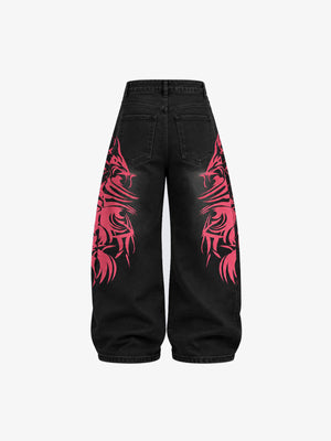 Black Baggy Jeans with Pink Tribal Print – back flat | XoKool