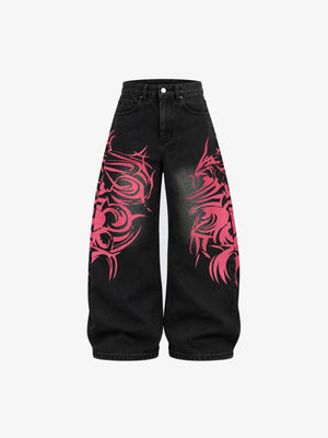 Black Baggy Jeans with Pink Tribal Print – Black, front flat | XoKool