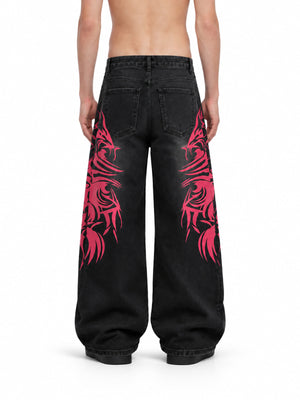 Black Baggy Jeans with Pink Tribal Print – on model, back | XoKool