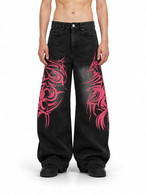 Black Baggy Jeans with Pink Tribal Print – on model, front | XoKool