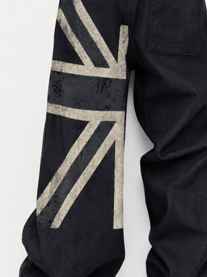 Black Baggy Jeans with Union Jack Print – flag print back leg close-up | XoKool