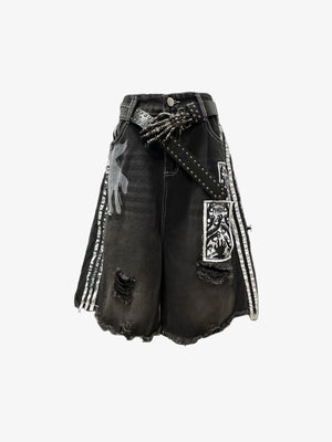 Black Baggy Jorts with Gothic Patch Prints – front flat with belt | XoKool