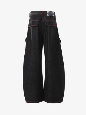 Black Barrel Cargo Jeans with Red Stitching – Black, back view | XoKool