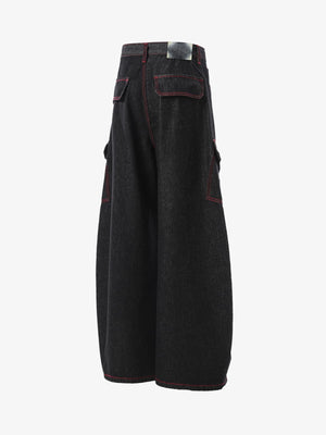 Black Barrel Cargo Jeans with Red Stitching – Black, side back view | XoKool