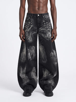 Black Barrel Jeans with Bleach Wash and Grommets – on model, front | XoKool