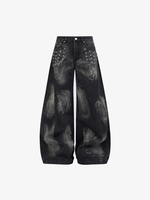 Black Barrel Jeans with Bleach Wash and Grommets – Washed Black, front flat | XoKool
