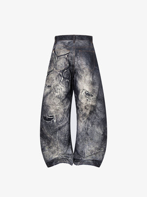 Black Barrel Jeans with Snakeskin Print and Rips – back flat | XoKool