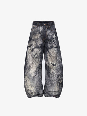 Black Barrel Jeans with Snakeskin Print and Rips – Black, front flat | XoKool