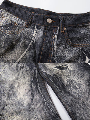 Snakeskin barrel jeans – front waist and rip close-up | XoKool