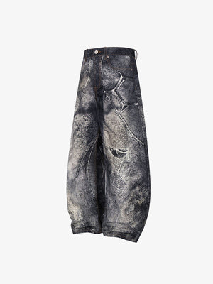 Black Barrel Jeans with Snakeskin Print and Rips – side flat | XoKool