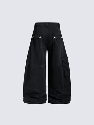 Black Cargo Pants with Zip Pockets – Black, back flat | XoKool