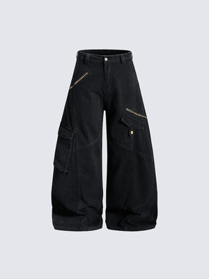 Black Cargo Pants with Zip Pockets – Black, front flat | XoKool