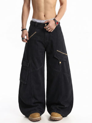 Black Cargo Pants with Zip Pockets – Black, on model front | XoKool