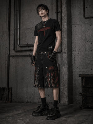Studded flame jorts – on model, front | XoKool