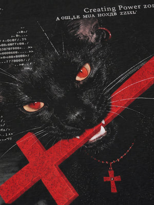 Black cat long sleeve tee – cat & red cross print close-up | XoKool