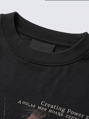 Black cat long sleeve tee – neckline + print close-up | XoKool