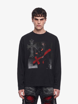 Black Cat Gothic Long Sleeve T-Shirt – on model, front | XoKool
