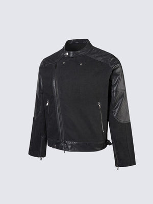 Black Cropped Moto Jacket with Faux Leather Panels – Black, angled front view | XoKool