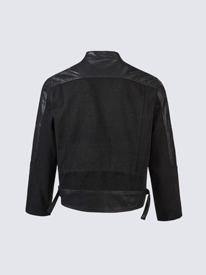 Black Cropped Moto Jacket with Faux Leather Panels – Black, back view | XoKool