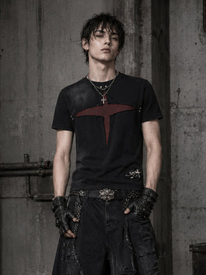 Black Cross T-Shirt with Red Cut-Out and Rivets – on model, front | XoKool
