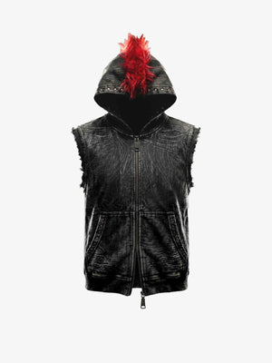 Chaleco de denim negro con capucha y escudo de piel sintética roja – negro/rojo, frente | XoKool