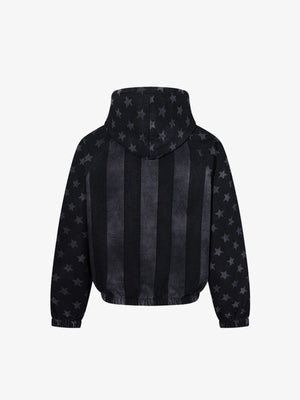 Black Denim Stars and Stripes Hoodie – Black, back view | XoKool