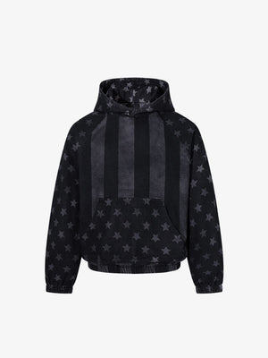 Black Denim Stars and Stripes Hoodie – Black, front view | XoKool