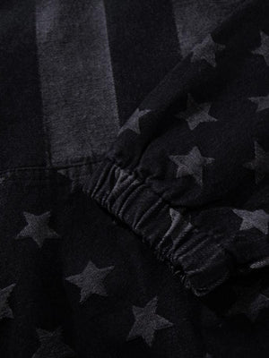 Black Denim Stars and Stripes Hoodie – pocket + cuff close-up | XoKool