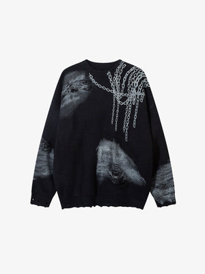 Schwarzer Distressed Jacquard Pullover mit Kettenmotiv und Spray Wash – Schwarz, Vorderansicht | XoKool