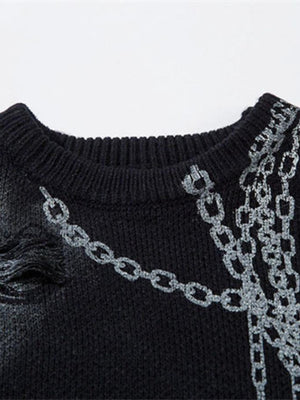 Schwarzer Distressed Chain Jacquard Pullover mit Spray Wash – Nahaufnahme von Ausschnitt und Kette | XoKool