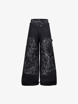 Schwarze Jeans mit doppeltem Bund und Marmor-Print – vorne, Flat Lay | XoKool