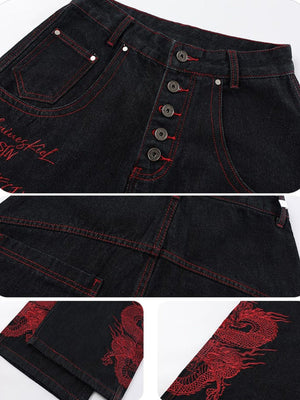 Jeans mit rot gestickten Drachen – Detail-Collage: Knopfleiste, Nähte, Drachen | XoKool