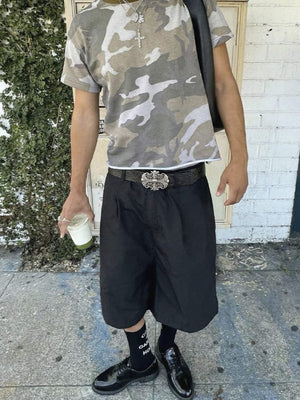 Black Embossed Belt with Cross Buckle – street photo, worn with shorts | XoKool
