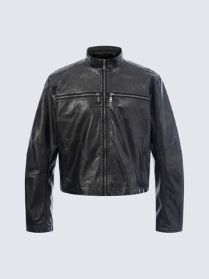 Chaqueta cafe racer negra de cuero sintético con tachuelas – negra, vista frontal | XoKool