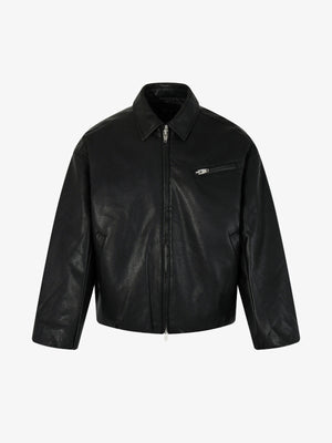 Black Faux Leather Collared Zip Jacket – Black, front view | XoKool