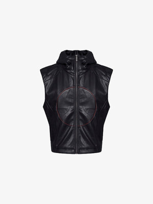 Black Faux Leather Hooded Vest with Red Stars – Black, front | XoKool