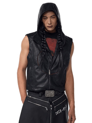 Black Faux Leather Hooded Vest with Red Stars – on model, front hood up | XoKool