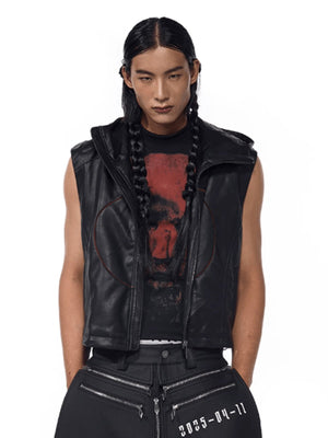 Black Faux Leather Hooded Vest with Red Stars – on model, front | XoKool