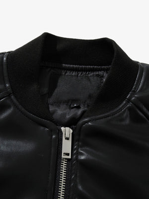 Black Faux Leather MA-1 Bomber Jacket – Black, collar and inner neck close-up | XoKool