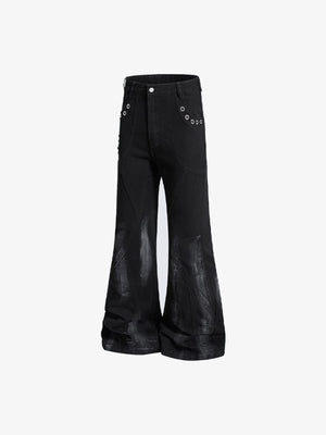 Black Flare Jeans with Eyelets and Zip Hems – flat front angle | XoKool