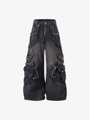 Black Flared Cargo Jeans with 3D Pockets – Black, flat front | XoKool