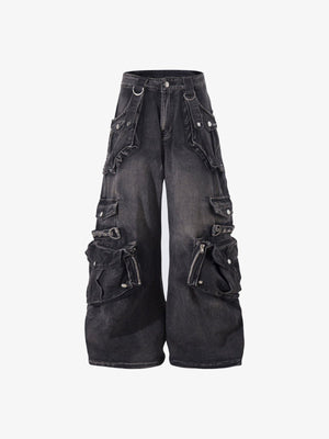 Jeans cargo acampanados (flare) negros con bolsillos 3D – negro, frente plano | XoKool